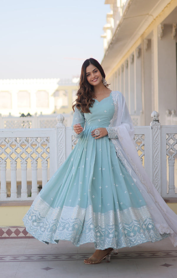 Sky-Blue Embroidered Georgette Gown