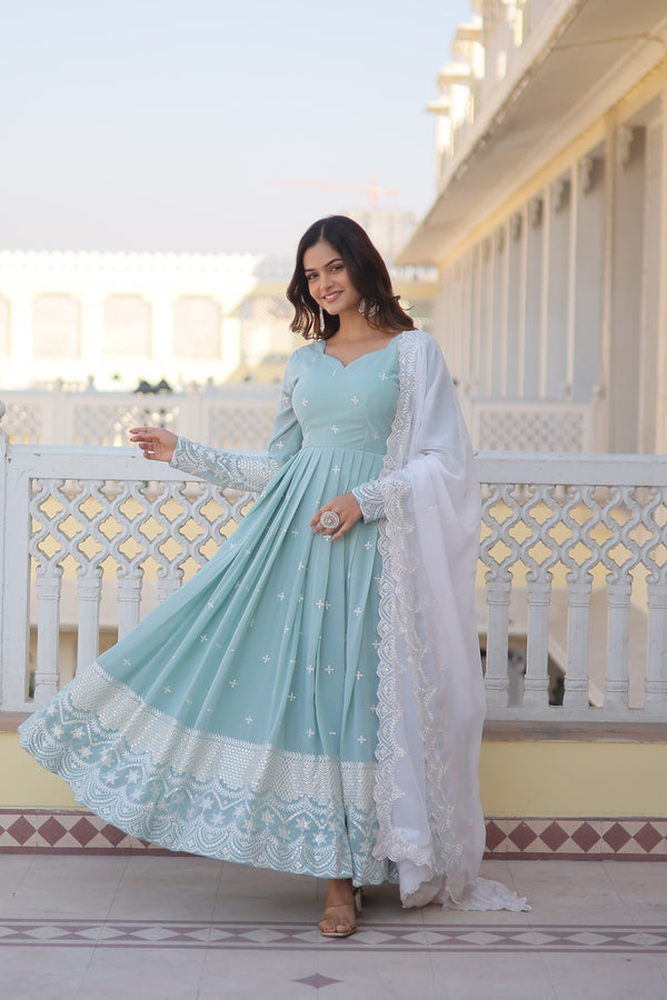 Sky-Blue Embroidered Georgette Gown