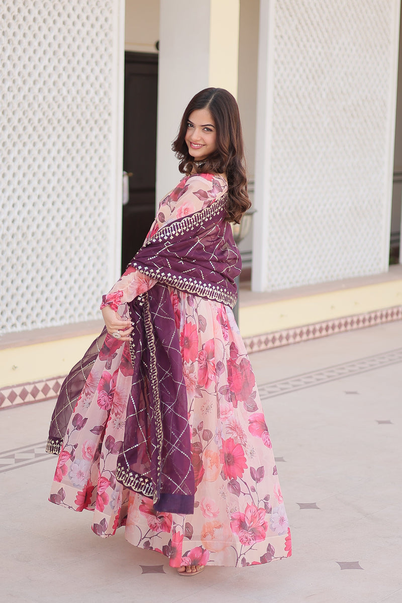 Multi Colour Digital Print Readymade Gown